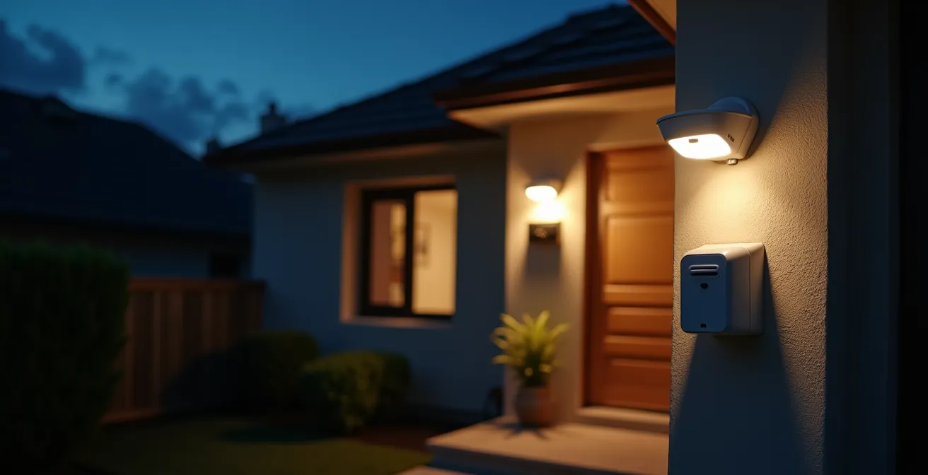 Photo d’une maison avec éclairage extérieur puissant et système d’alarme visible au crépuscule