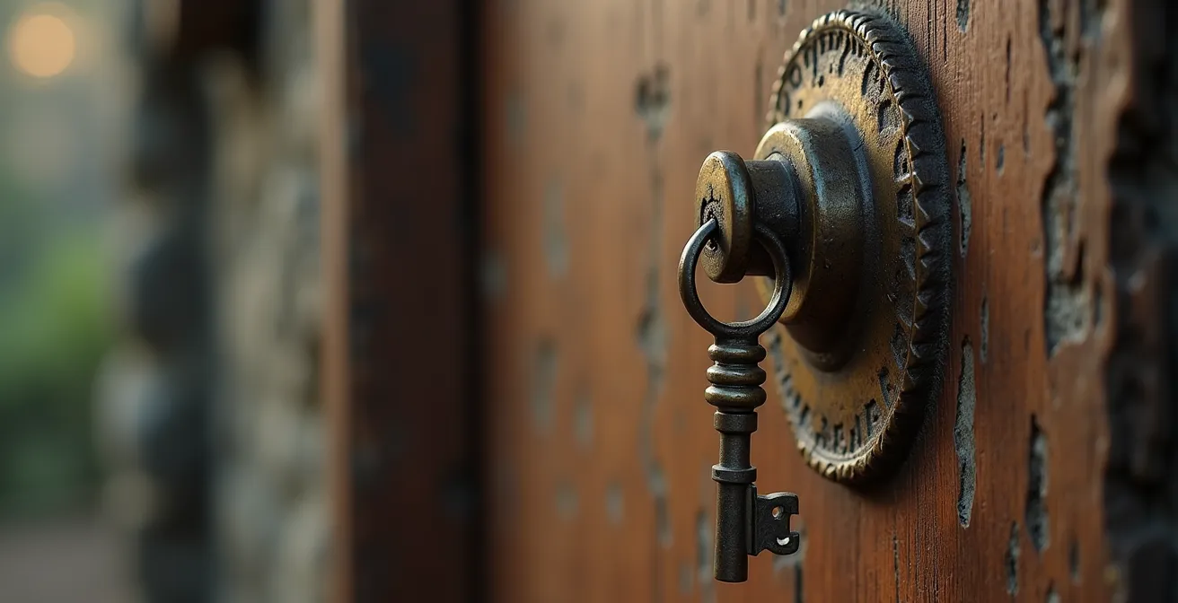 Photo réaliste d’une clé ancienne posée sur une porte en bois usée, lumière douce avec texture montrant l’usure du temps