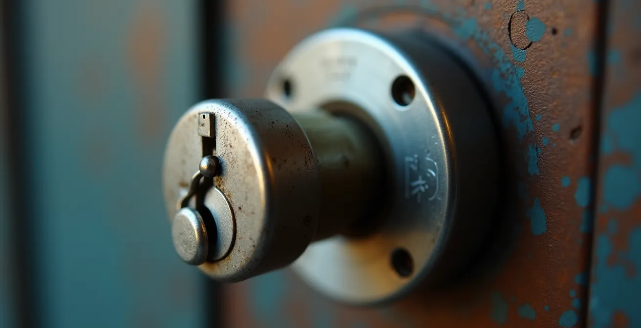 Photographie macro d’un barillet de serrure multipoints en métal avec textures et reflets détaillés
