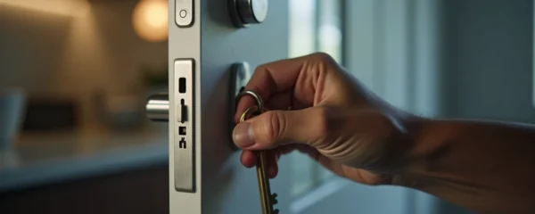 Photographie réaliste d'une main tenant une clé insérée dans une serrure de porte en acier avec un éclairage cinématographique naturel, arrière-plan flou avec un bokeh doux