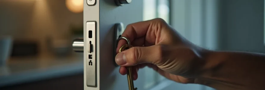 Photographie réaliste d'une main tenant une clé insérée dans une serrure de porte en acier avec un éclairage cinématographique naturel, arrière-plan flou avec un bokeh doux