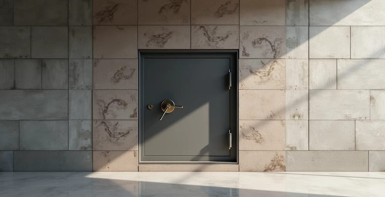 Photo réaliste d’un coffre-fort encastré dans un mur porteur avec texture de brique et béton, éclairage naturel doux, composition épurée