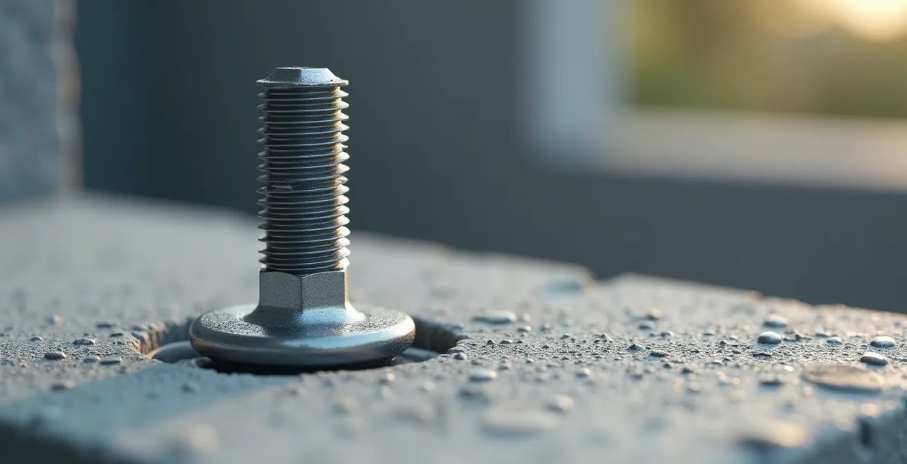 Photographie macro montrant en détail la fixation d'une cheville à expansion dans un béton dur avec textures fines et éclairage naturel