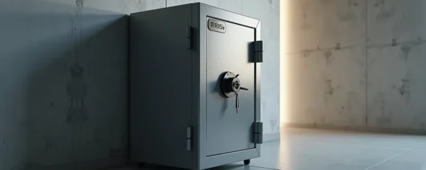 Photo réaliste d'un coffre-fort robuste fixé solidement sur un mur en béton dans une pièce propre avec un éclairage cinématographique et un bokeh naturel.