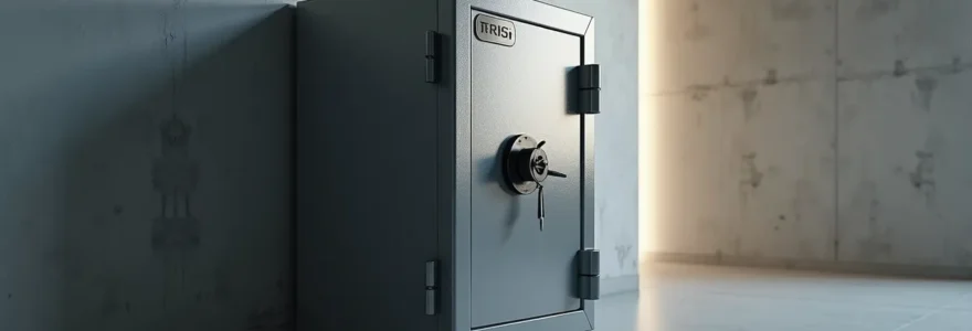 Photo réaliste d'un coffre-fort robuste fixé solidement sur un mur en béton dans une pièce propre avec un éclairage cinématographique et un bokeh naturel.