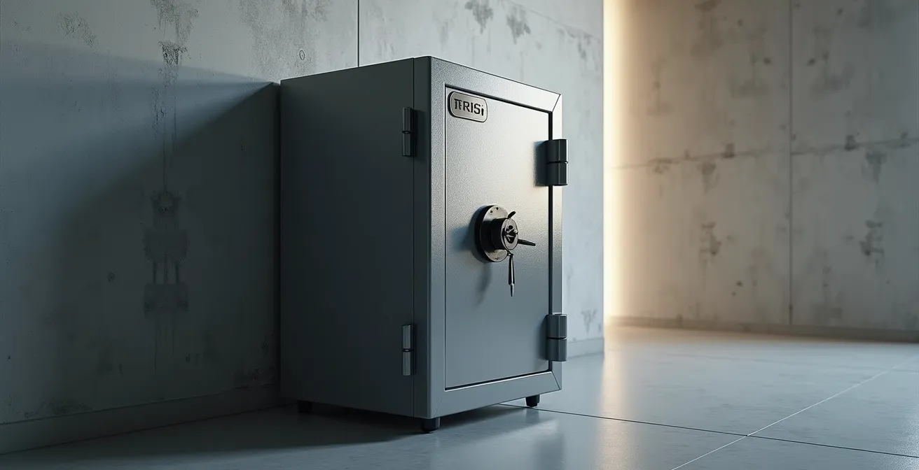 Photo réaliste d'un coffre-fort robuste fixé solidement sur un mur en béton dans une pièce propre avec un éclairage cinématographique et un bokeh naturel.