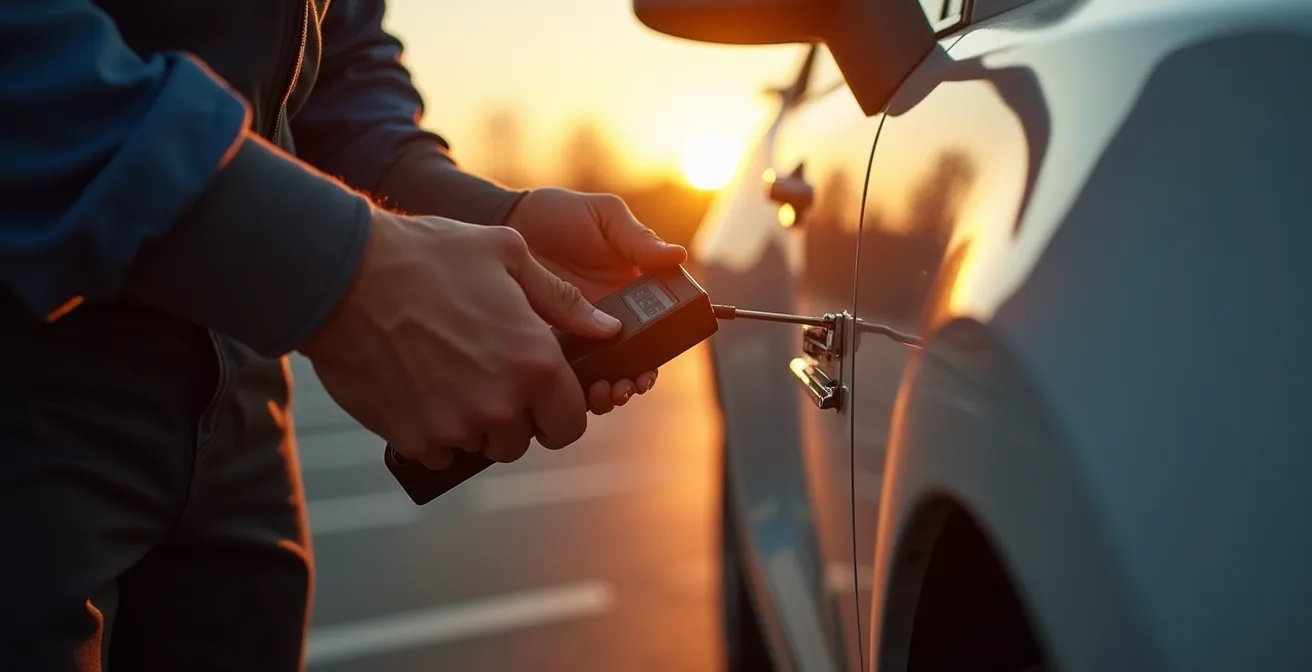 Serrurier automobile intervenant en urgence sur un parking avec son véhicule atelier mobile