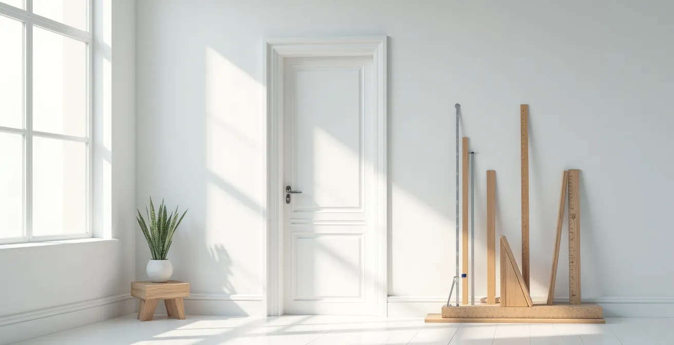 Vue d'ensemble d'une porte moderne avec outils de mesure professionnels