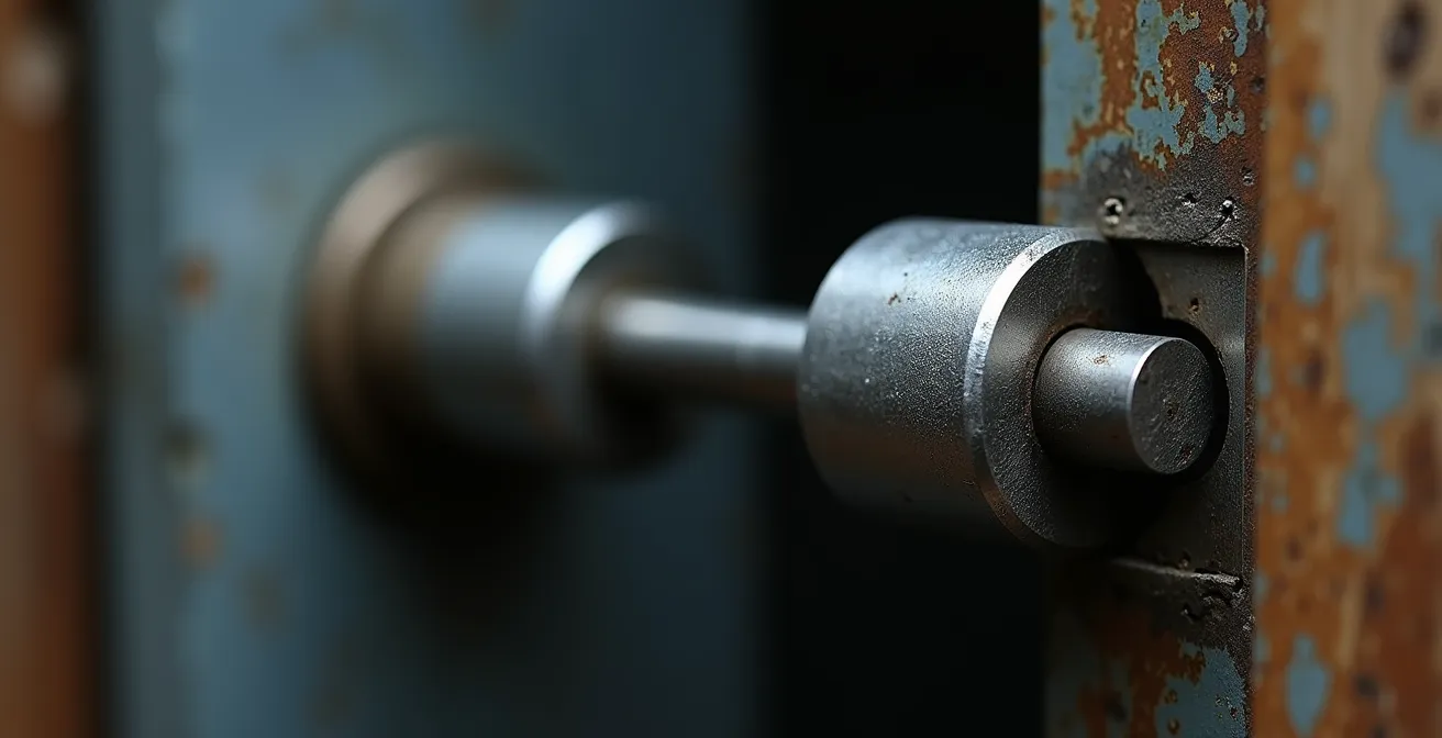 Détail macro d'un carré de poignée mal ajusté dans un fouillot de serrure