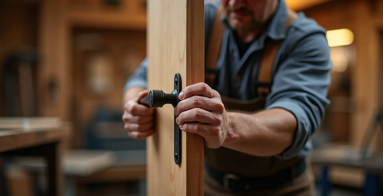 Main experte tenant une poignée de porte haut de gamme avec expression de satisfaction